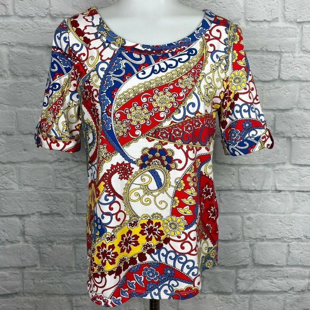Talbots Large Excellent Top Paisley Red Blue Yellow Short Sleeve Stretch Cotton - Picture 1 of 10